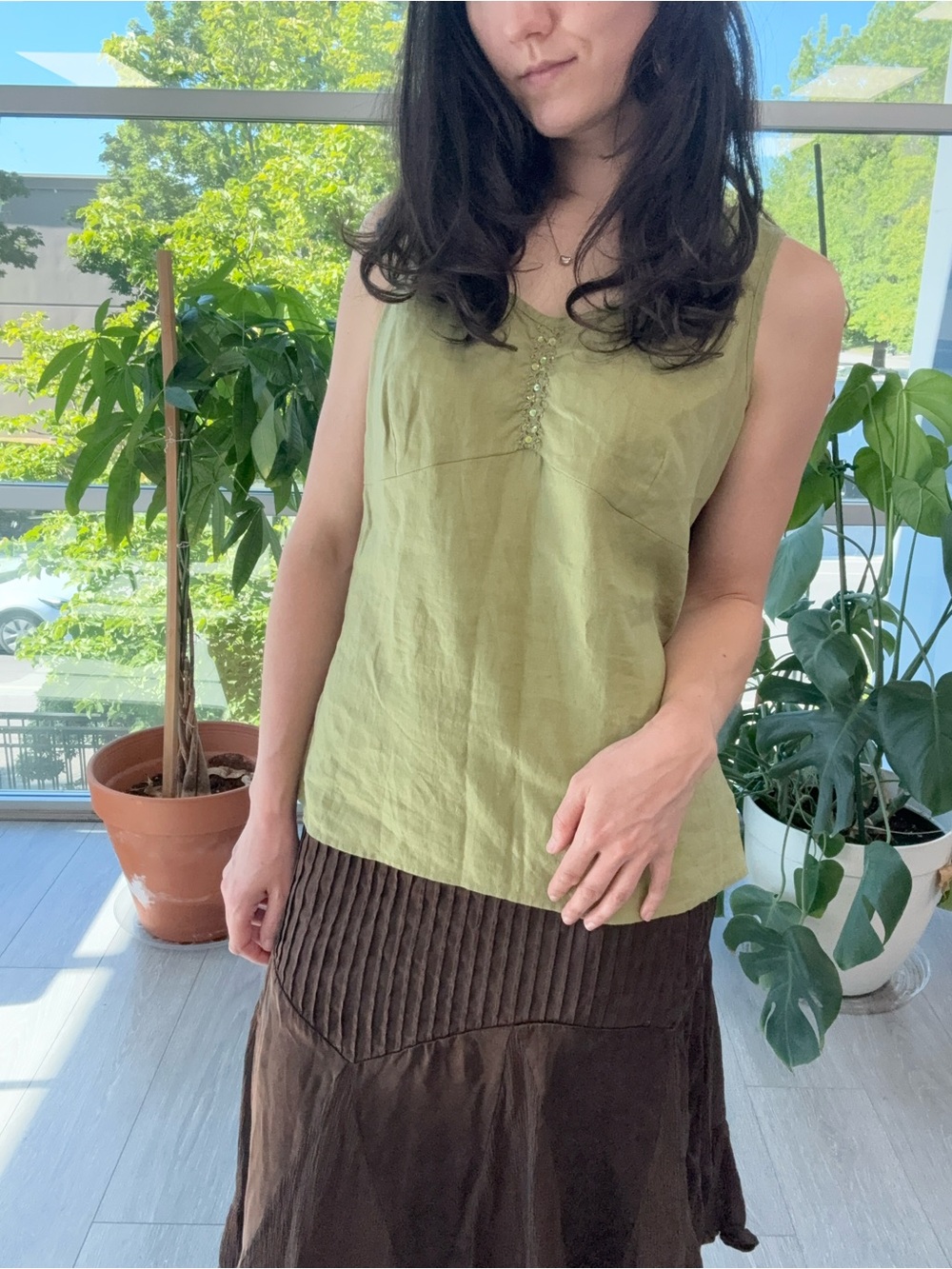 100% Linen Sleeveless Olive Green Tank Top - Women